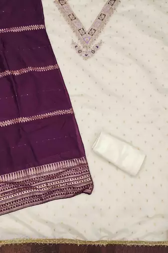 Wine silk embroidered unstitched dressmaterials 3 pair top bottom dupptaa