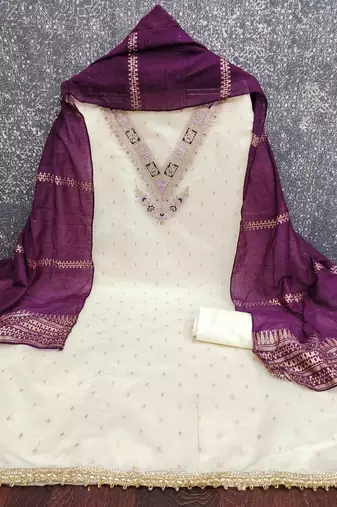 Wine silk embroidered unstitched dressmaterials 3 pair top bottom dupptaa