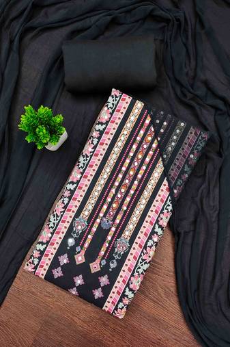 black cotton blend embroidered unstitched dressmaterials 3 pair top bottom dupptaa