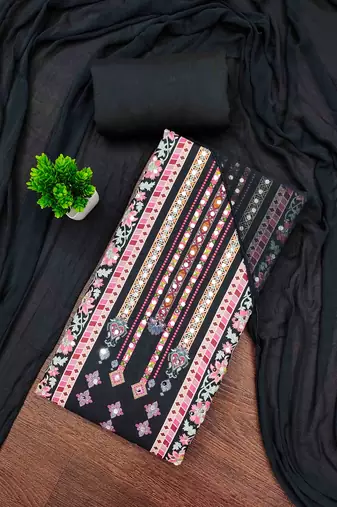 black cotton blend embroidered unstitched dressmaterials 3 pair top bottom dupptaa