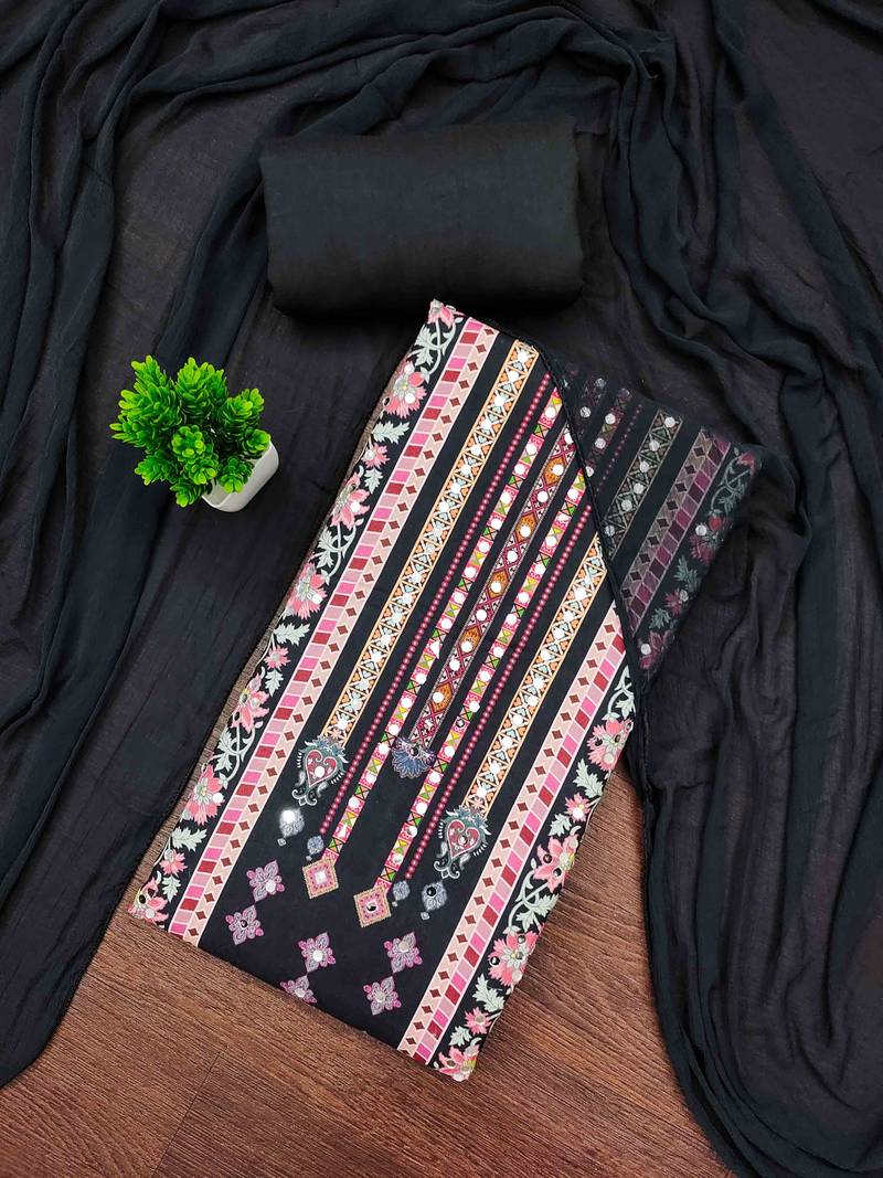 black cotton blend embroidered unstitched dressmaterials 3 pair top bottom dupptaa