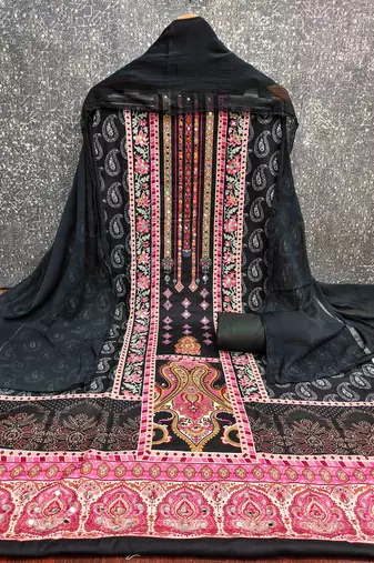 black cotton blend embroidered unstitched dressmaterials 3 pair top bottom dupptaa