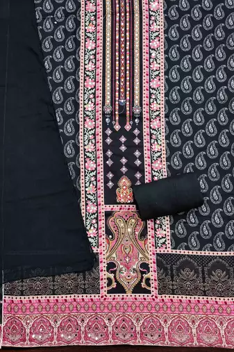 black cotton blend embroidered unstitched dressmaterials 3 pair top bottom dupptaa