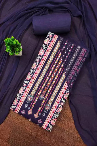 blue cotton blend embroidered unstitched dressmaterials 3 pair top bottom dupptaa