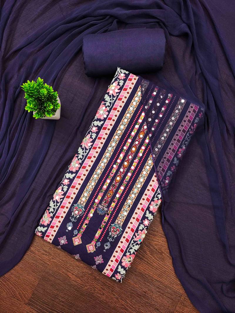 blue cotton blend embroidered unstitched dressmaterials 3 pair top bottom dupptaa
