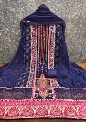 blue cotton blend embroidered unstitched dressmaterials 3 pair top bottom dupptaa 2
