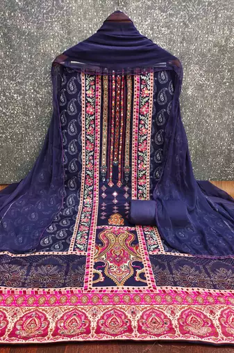 blue cotton blend embroidered unstitched dressmaterials 3 pair top bottom dupptaa