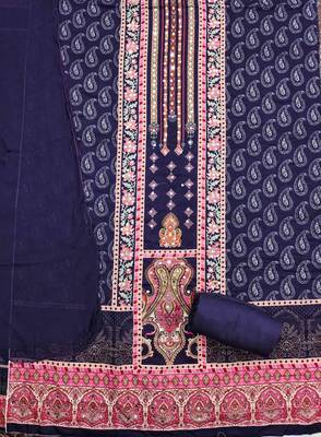 blue cotton blend embroidered unstitched dressmaterials 3 pair top bottom dupptaa 3