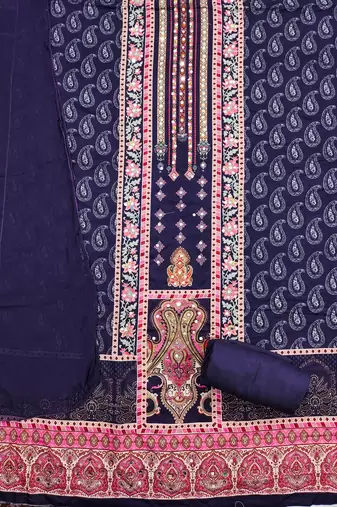 blue cotton blend embroidered unstitched dressmaterials 3 pair top bottom dupptaa