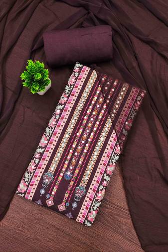 brown cotton blend embroidered unstitched dressmaterials 3 pair top bottom dupptaa