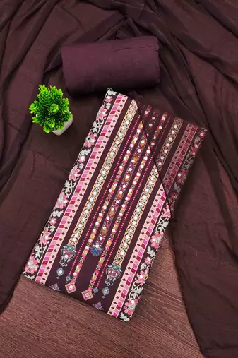 brown cotton blend embroidered unstitched dressmaterials 3 pair top bottom dupptaa