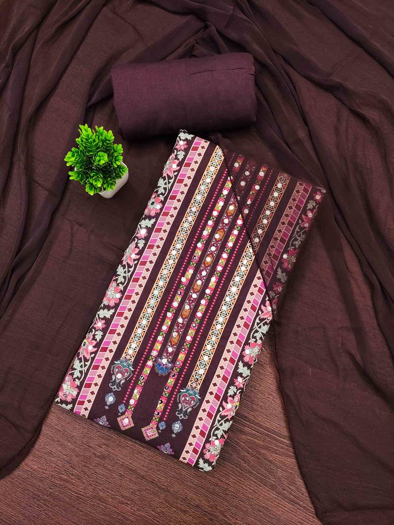 brown cotton blend embroidered unstitched dressmaterials 3 pair top bottom dupptaa