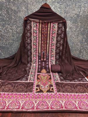 brown cotton blend embroidered unstitched dressmaterials 3 pair top bottom dupptaa 2