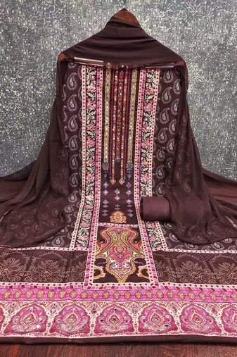 brown cotton blend embroidered unstitched dressmaterials 3 pair top bottom dupptaa