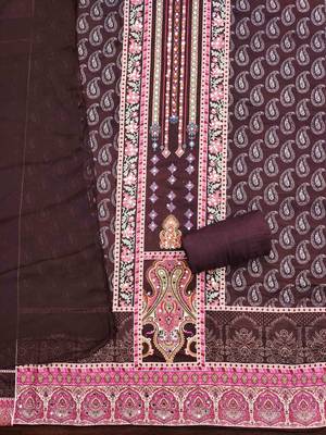 brown cotton blend embroidered unstitched dressmaterials 3 pair top bottom dupptaa 3