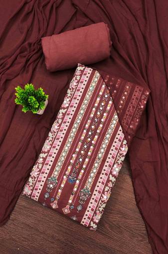 maroon cotton blend embroidered unstitched dressmaterials 3 pair top bottom dupptaa