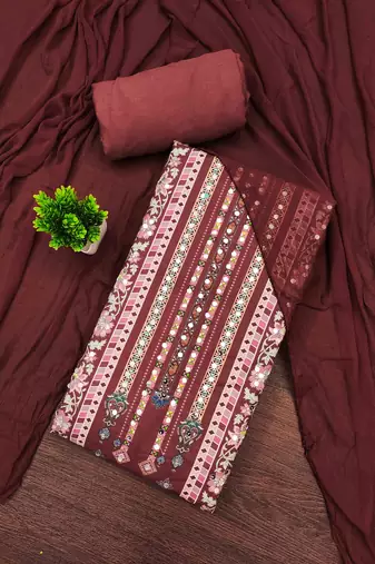 maroon cotton blend embroidered unstitched dressmaterials 3 pair top bottom dupptaa