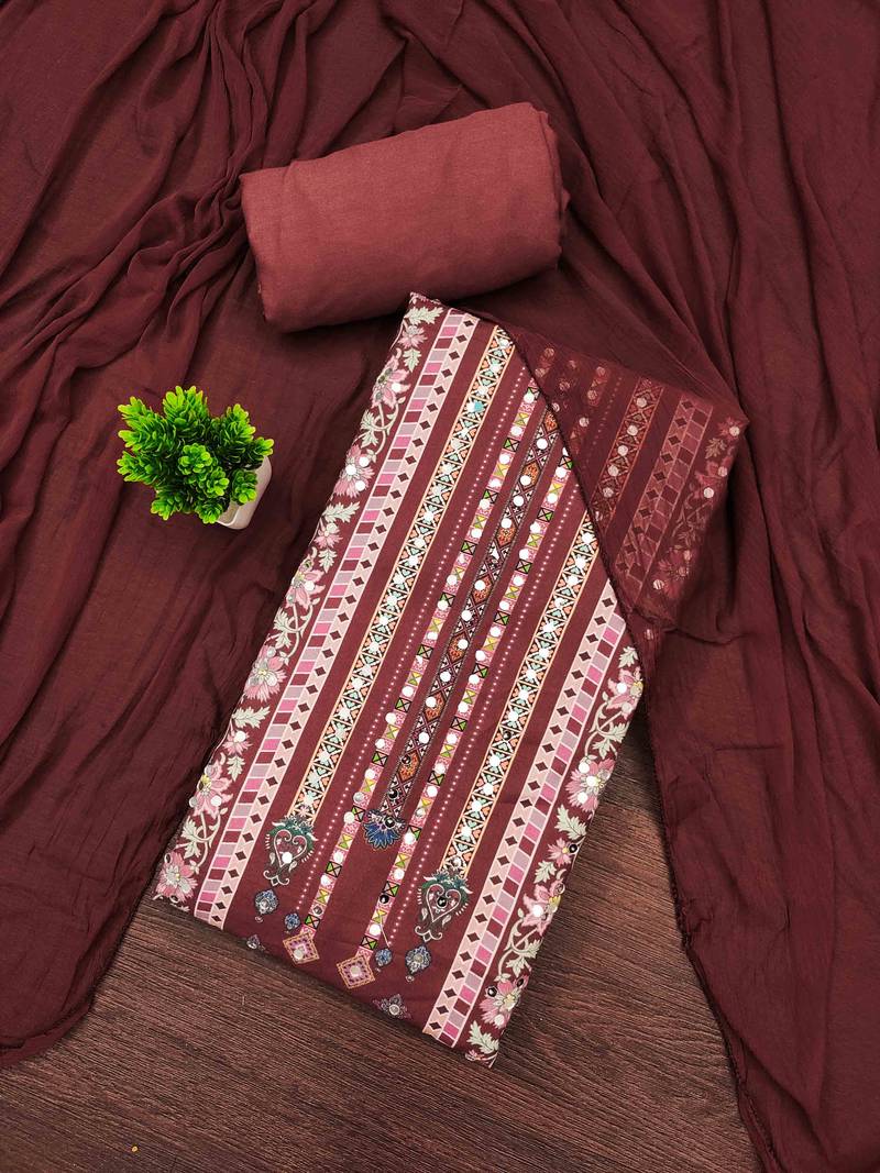maroon cotton blend embroidered unstitched dressmaterials 3 pair top bottom dupptaa