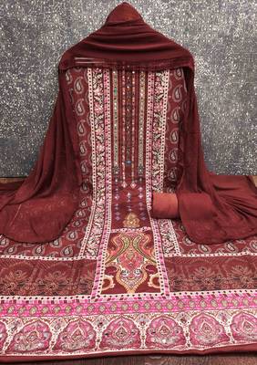 maroon cotton blend embroidered unstitched dressmaterials 3 pair top bottom dupptaa 2