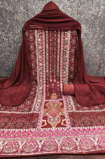 maroon cotton blend embroidered unstitched dressmaterials 3 pair top bottom dupptaa
