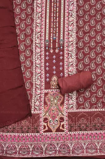 maroon cotton blend embroidered unstitched dressmaterials 3 pair top bottom dupptaa