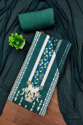 green cotton blend embroidered unstitched dressmaterials 3 pair top bottom dupptaa
