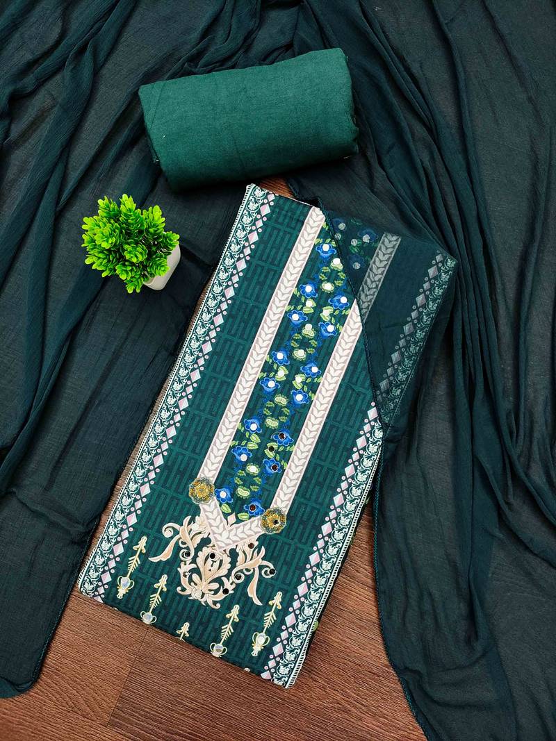 green cotton blend embroidered unstitched dressmaterials 3 pair top bottom dupptaa
