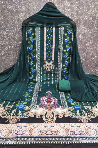 green cotton blend embroidered unstitched dressmaterials 3 pair top bottom dupptaa