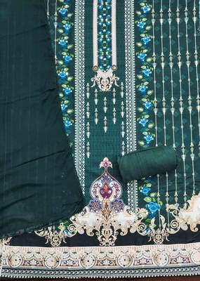 green cotton blend embroidered unstitched dressmaterials 3 pair top bottom dupptaa 3