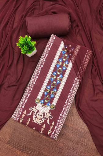 maroon cotton blend embroidered unstitched dressmaterials 3 pair top bottom dupptaa