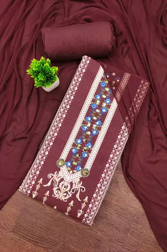 maroon cotton blend embroidered unstitched dressmaterials 3 pair top bottom dupptaa