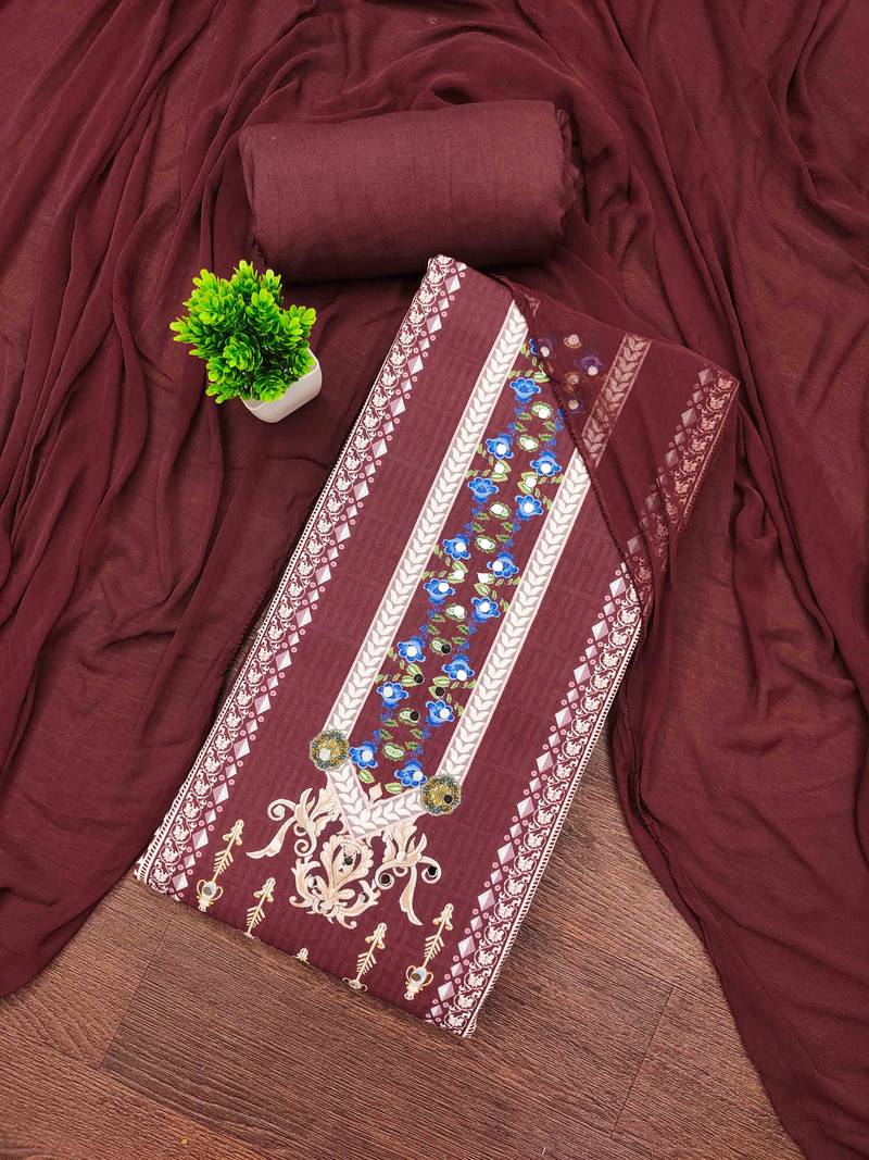 maroon cotton blend embroidered unstitched dressmaterials 3 pair top bottom dupptaa