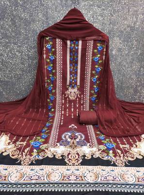 maroon cotton blend embroidered unstitched dressmaterials 3 pair top bottom dupptaa 2