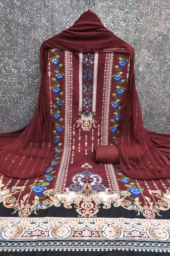 maroon cotton blend embroidered unstitched dressmaterials 3 pair top bottom dupptaa