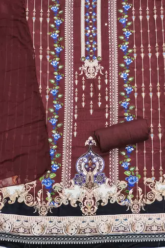 maroon cotton blend embroidered unstitched dressmaterials 3 pair top bottom dupptaa