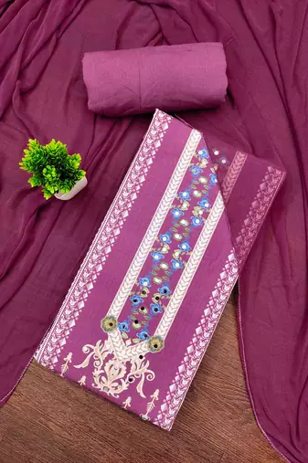 pink cotton blend embroidered unstitched dressmaterials 3 pair top bottom dupptaa