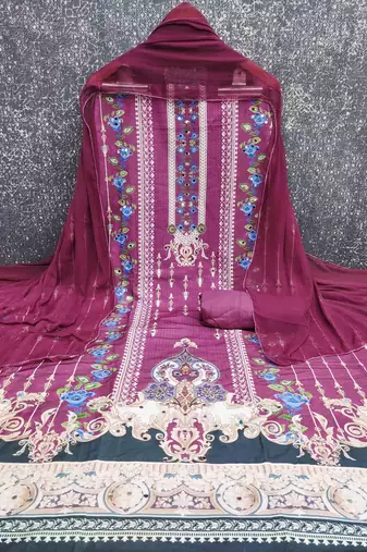 pink cotton blend embroidered unstitched dressmaterials 3 pair top bottom dupptaa