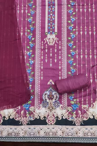 pink cotton blend embroidered unstitched dressmaterials 3 pair top bottom dupptaa