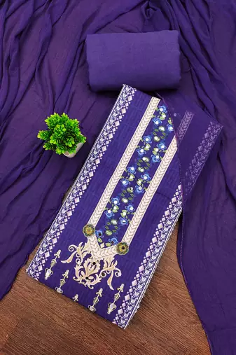 purple cotton blend embroidered unstitched dressmaterials 3 pair top bottom dupptaa