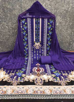 purple cotton blend embroidered unstitched dressmaterials 3 pair top bottom dupptaa 2