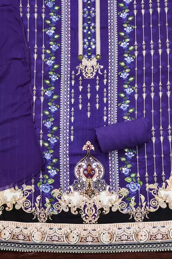 purple cotton blend embroidered unstitched dressmaterials 3 pair top bottom dupptaa