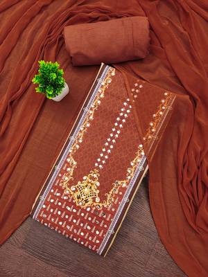 Orange cotton embroidered unstitched dressmaterials 3 pair top bottom dupptaa 1