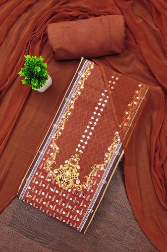 orange cotton blend embroidered unstitched dressmaterials 3 pair top bottom dupptaa