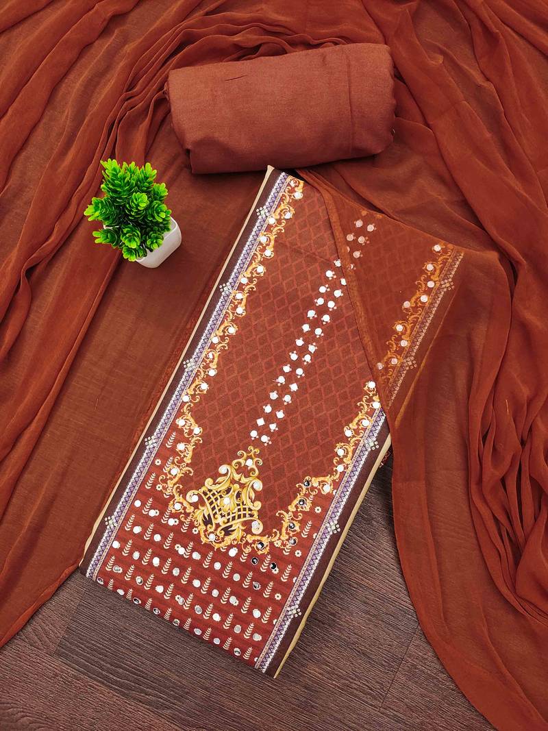 Orange cotton embroidered unstitched dressmaterials 3 pair top bottom dupptaa
