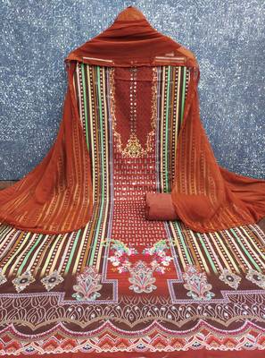 Orange cotton embroidered unstitched dressmaterials 3 pair top bottom dupptaa 2