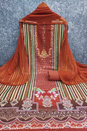 orange cotton blend embroidered unstitched dressmaterials 3 pair top bottom dupptaa