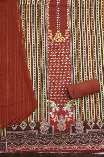 orange cotton blend embroidered unstitched dressmaterials 3 pair top bottom dupptaa