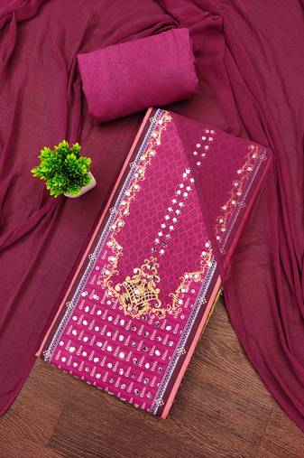 pink cotton blend embroidered unstitched dressmaterials 3 pair top bottom dupptaa
