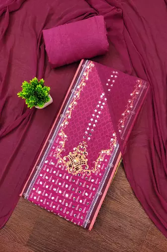 pink cotton blend embroidered unstitched dressmaterials 3 pair top bottom dupptaa