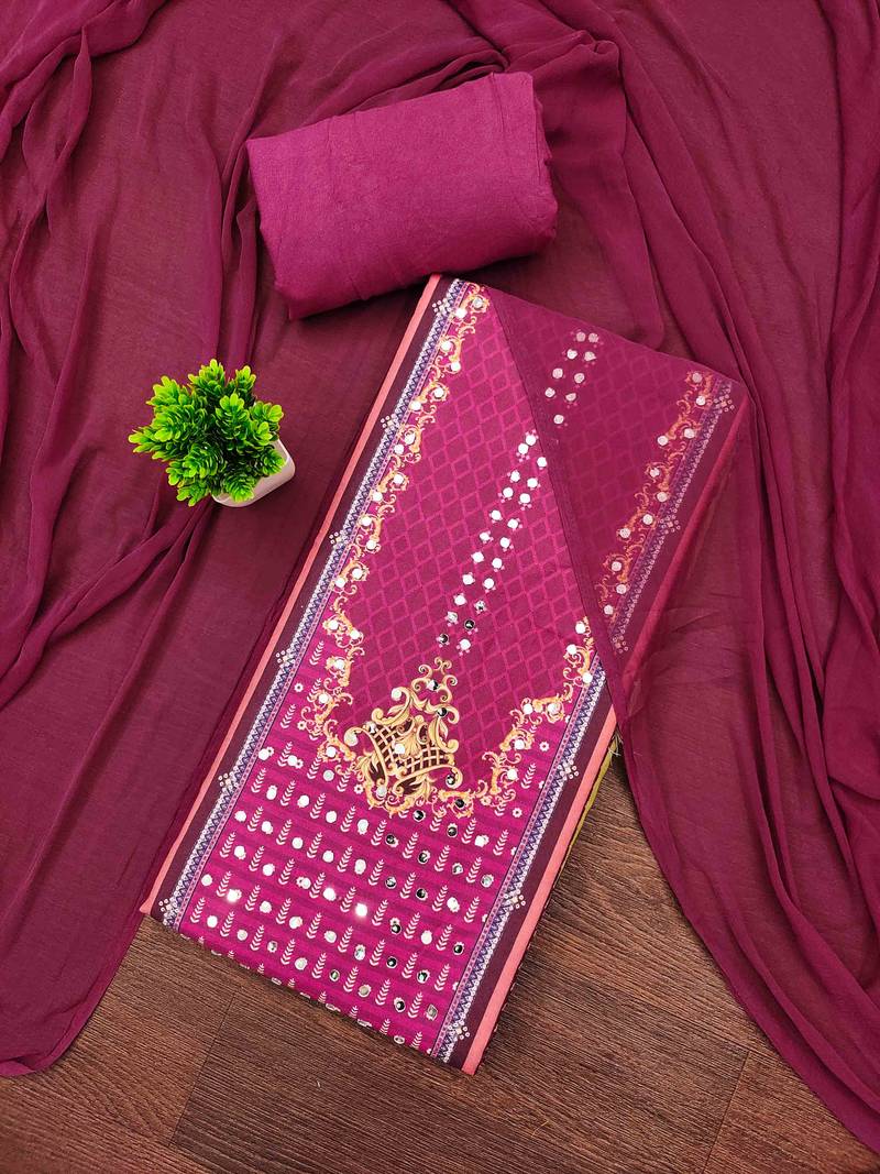 Pink cotton embroidered unstitched dressmaterials 3 pair top bottom dupptaa